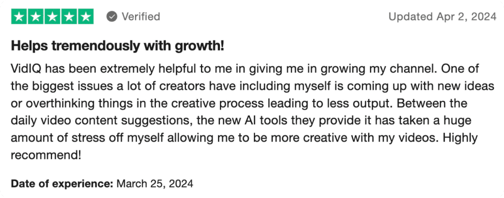 Image: Customer testimonial about vidIQ #2